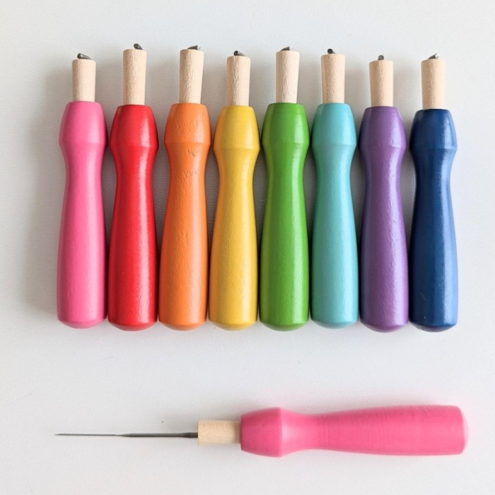 Set of 8 multicolored wooden felting handles with felting needles