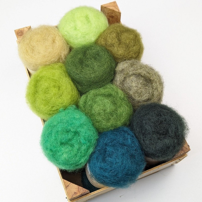 10 balls of carded wool all shades of green