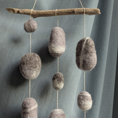 Felted pebble mobile kit made from carded wool