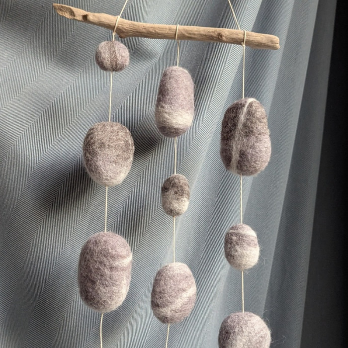 Felted pebble mobile kit made from carded wool