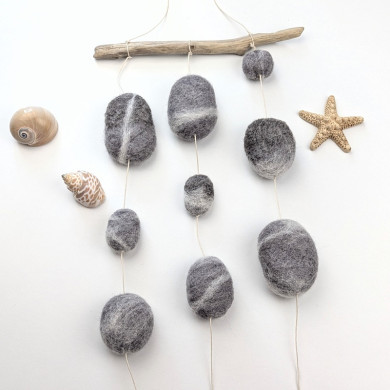 Felted pebble mobile kit made from carded wool