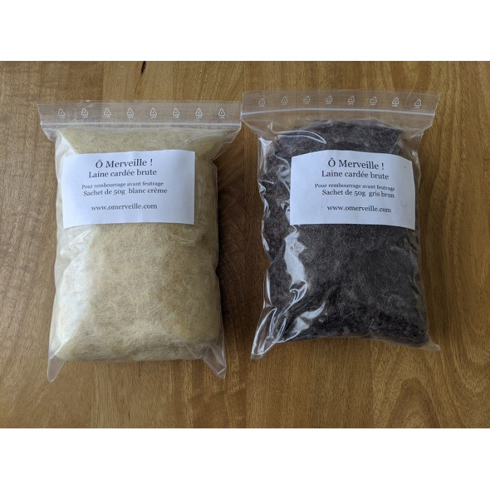 Bag of raw brown-grey wool for stuffing