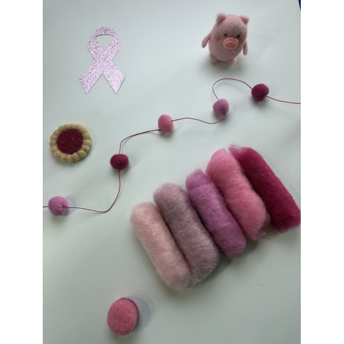 Gekaarde wol - mix van 5 roze tinten. Beperkte oplage.