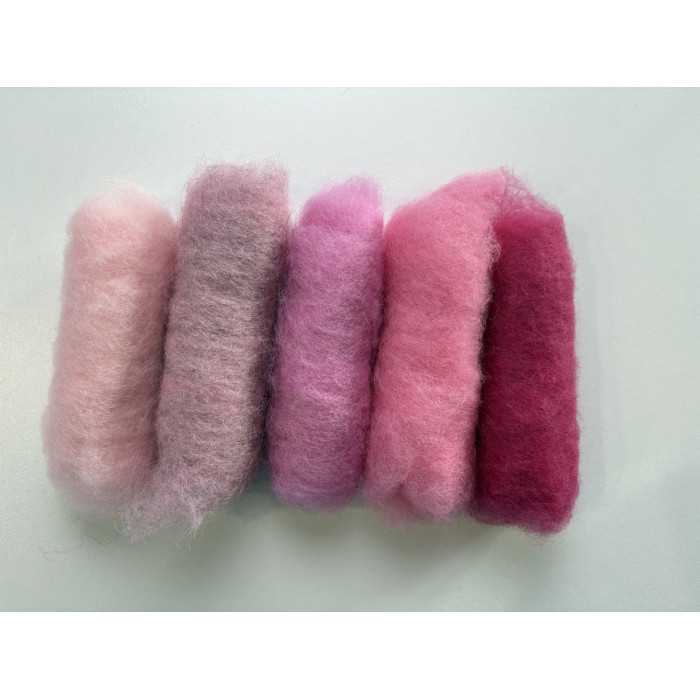 Gekaarde wol - mix van 5 roze tinten. Beperkte oplage.